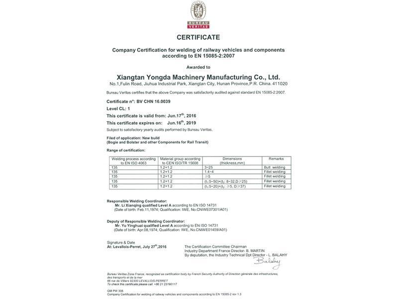 EN15085-Welding System Certification for Rail Vehicles and Vehicle Components